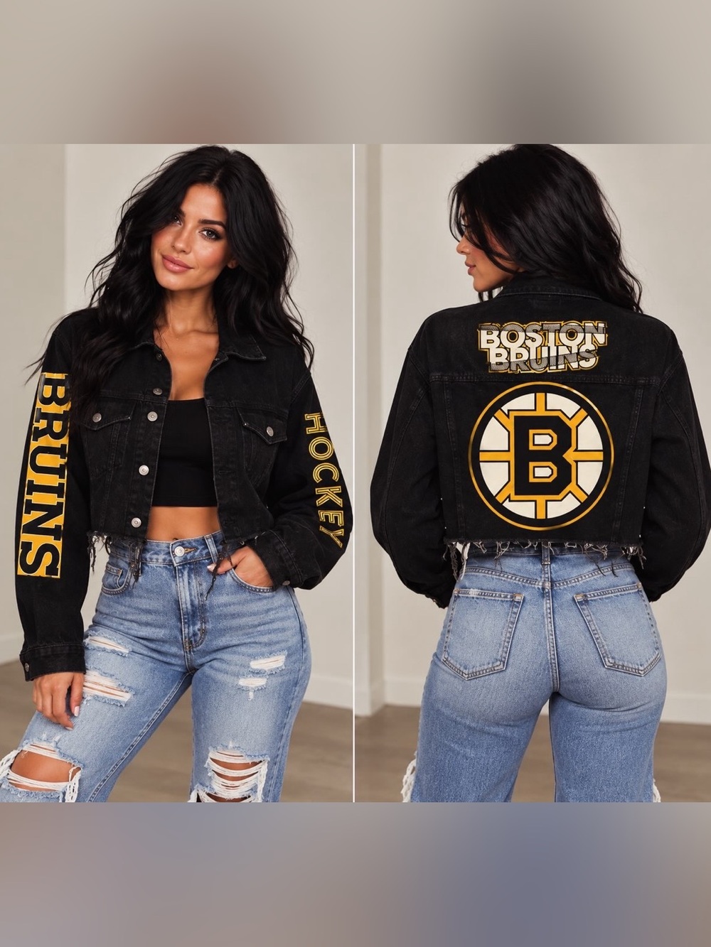 Forever 21 Black Cropped Denim Jacket with Yellow Boston Bruins Graphics